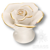 Ручка кнопка в форме розы, керамика ручной работы, цвет белый с золотом (3060-WHITE GOLD LINES)